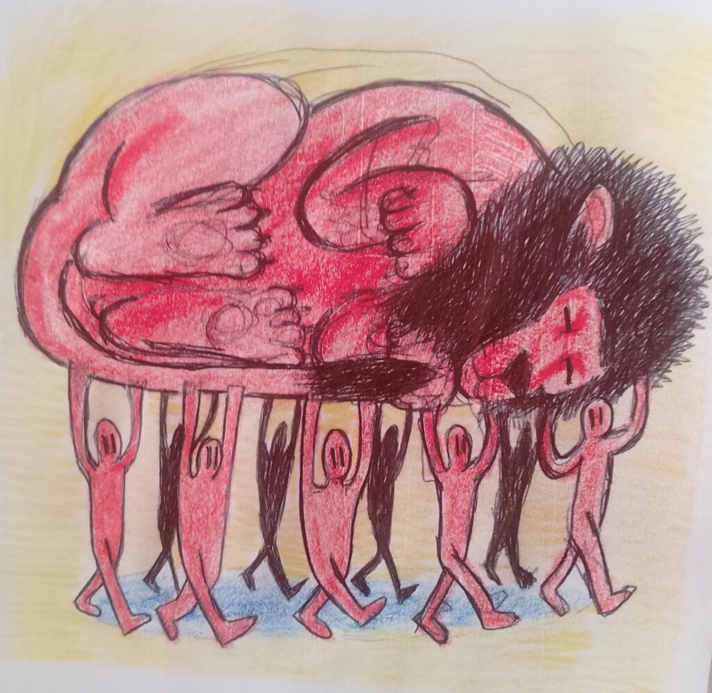 León y hombres rojos