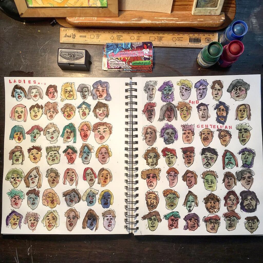 Dibujo de caras en marcador y acuarela de Pablo Zeta