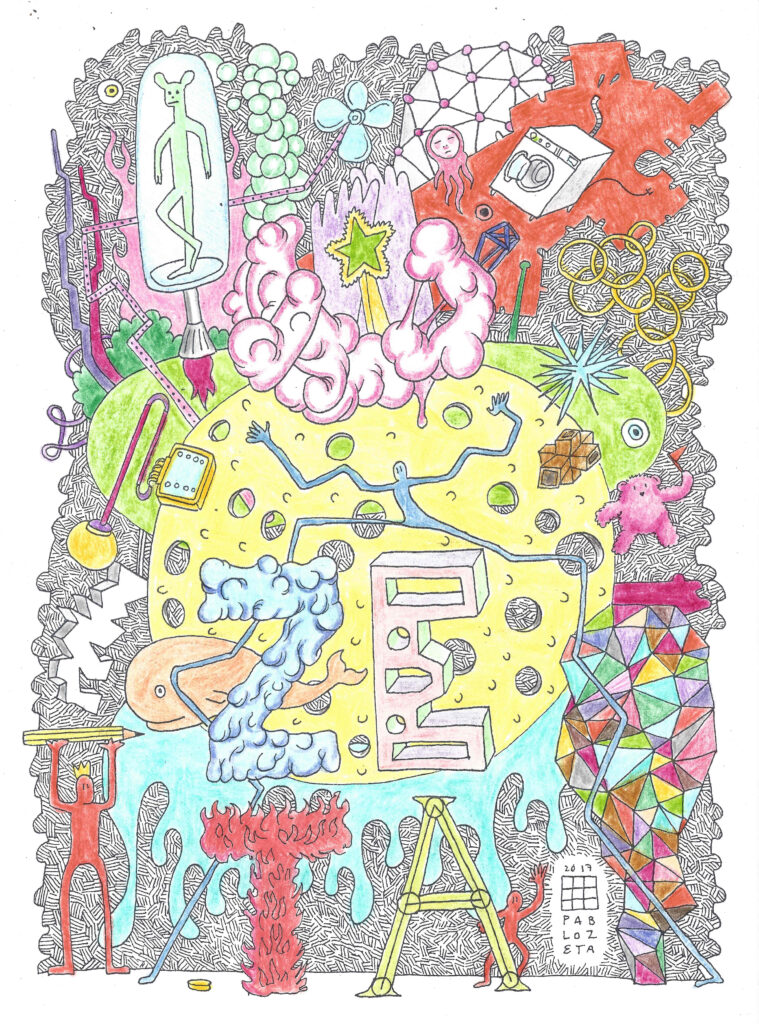 Ilustración surrealista con figuras simbólicas, cerebro, letras ZETA y personajes del universo de Pablo Zeta
